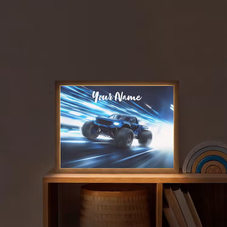 Monstertruck - Blauw - Neon - Lichten Light Box met batterij (Wandlamp kind) middel -sfeer1_kind