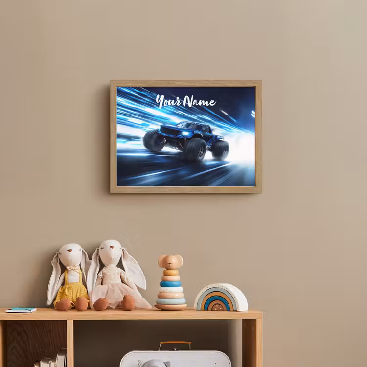 Monstertruck - Blauw - Neon - Lichten Light Box met batterij (Wandlamp kind) middel -sfeer2_kind