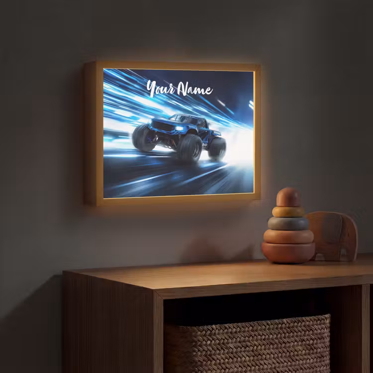 Monstertruck - Blauw - Neon - Lichten Light Box met batterij (Wandlamp kind) middel -sfeer5_kind