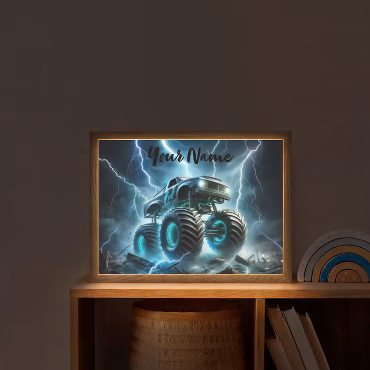 Monstertruck - Bliksem - Blauw - Jongens - Auto Light Box met batterij (Wandlamp kind) middel -sfeer1_kind