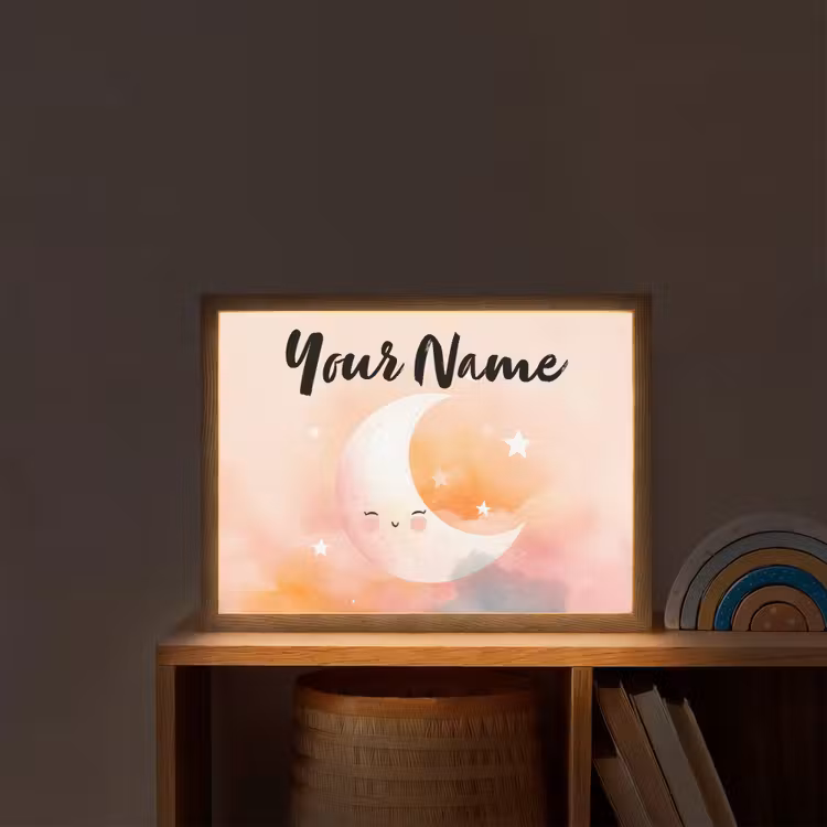 Maan - Gezichtje - Sterren - Roze Light Box met batterij (Wandlamp kind) middel -sfeer1_kind