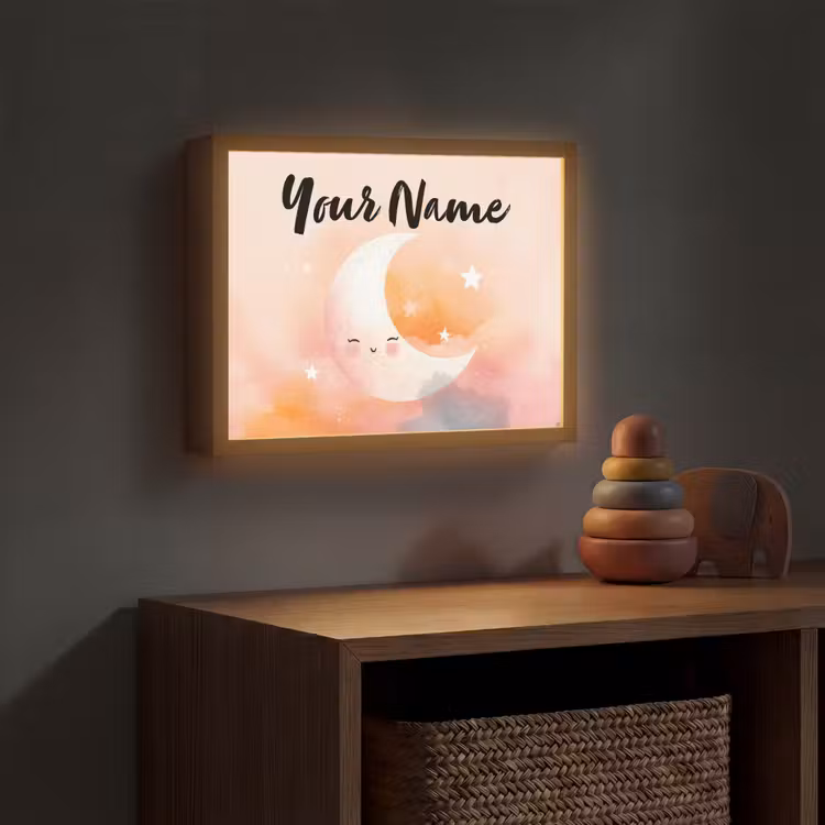 Maan - Gezichtje - Sterren - Roze Light Box met batterij (Wandlamp kind) middel -sfeer5_kind