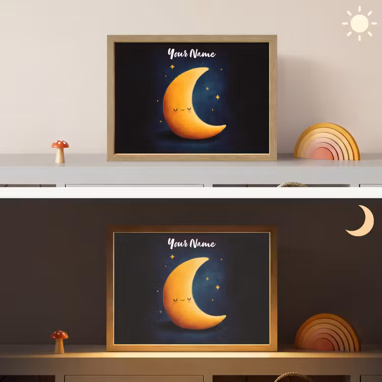 Maan - Geel - Sterren - Gezichtje Light Box met batterij (Wandlamp kind) middel -sfeer3_kind