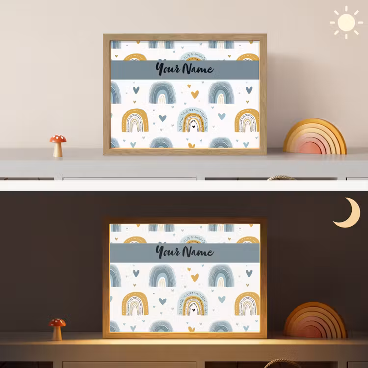 Patroon - Blauw - Regenboog - Hartjes Light Box met batterij (Wandlamp kind) middel -sfeer3_kind