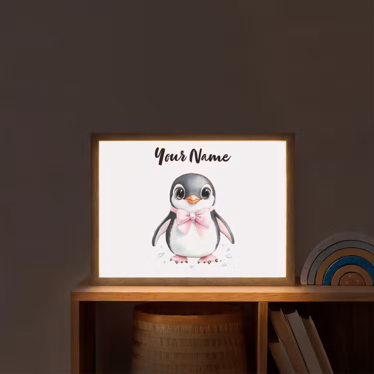 Pinguïn - Strikje - Roze - Dier Light Box met batterij (Wandlamp kind) middel -sfeer1_kind