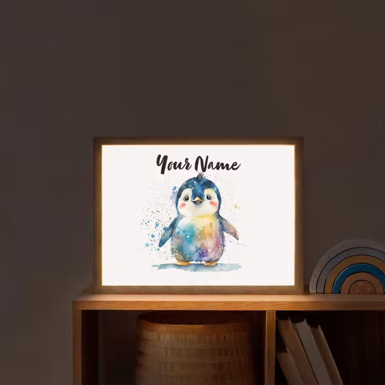 Pinguïn - Regenboog - Waterverf - Dieren - Kinderen Light Box met batterij (Wandlamp kind) middel -sfeer1_kind