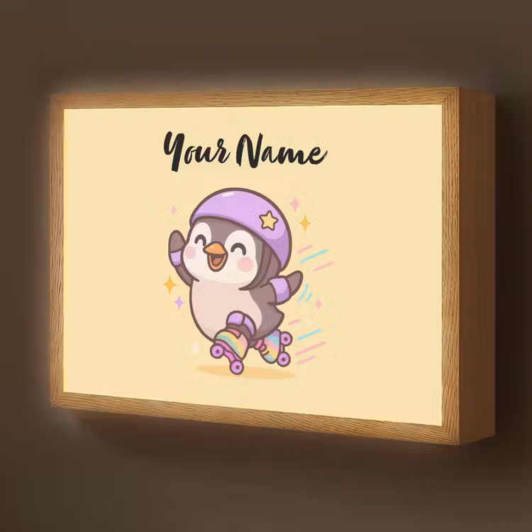 Pinguïn - Geel - Energiek - Rolschaatsen Light Box met batterij (Wandlamp kind) middel -z3d_website
