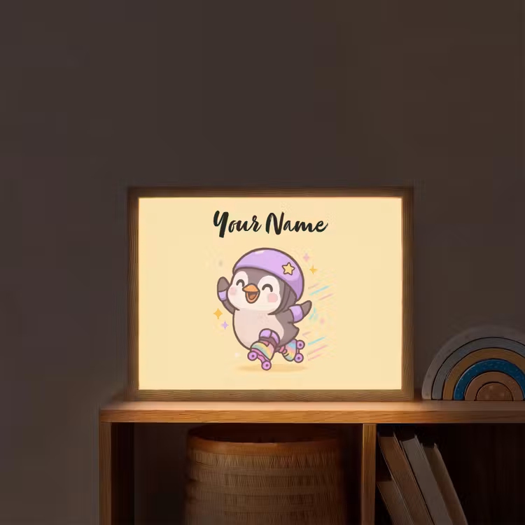 Pinguïn - Geel - Energiek - Rolschaatsen Light Box met batterij (Wandlamp kind) middel -sfeer1_kind