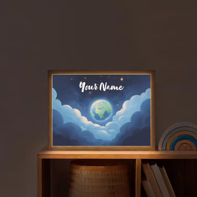 Planeet - Wolken - Sterren - Blauw Light Box met batterij (Wandlamp kind) middel -sfeer1_kind