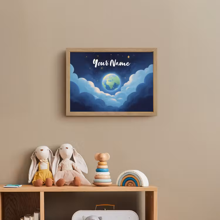 Planeet - Wolken - Sterren - Blauw Light Box met batterij (Wandlamp kind) middel -sfeer2_kind