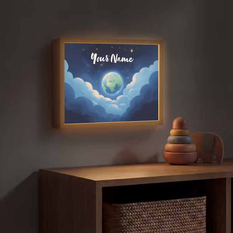 Planeet - Wolken - Sterren - Blauw Light Box met batterij (Wandlamp kind) middel -sfeer5_kind
