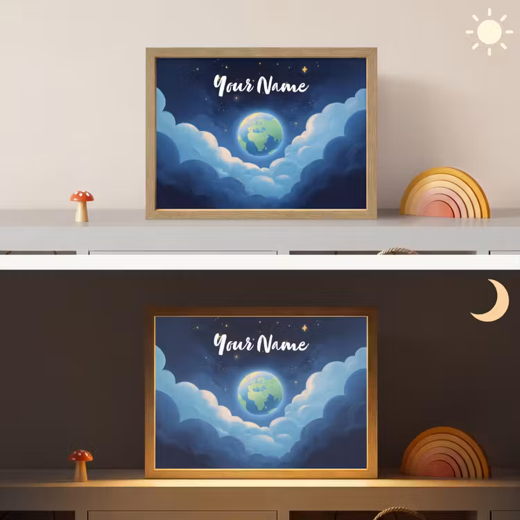 Planeet - Wolken - Sterren - Blauw Light Box met batterij (Wandlamp kind) middel -sfeer3_kind