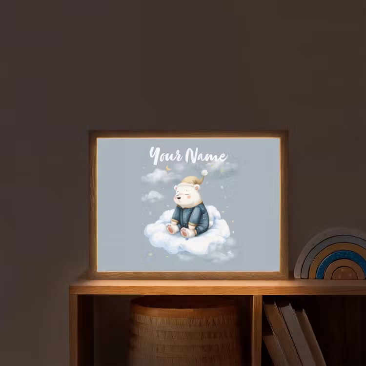 Ijsbeer - Pyjama - Wolken - Sterrenhemel Light Box met batterij (Wandlamp kind) middel -sfeer1_kind