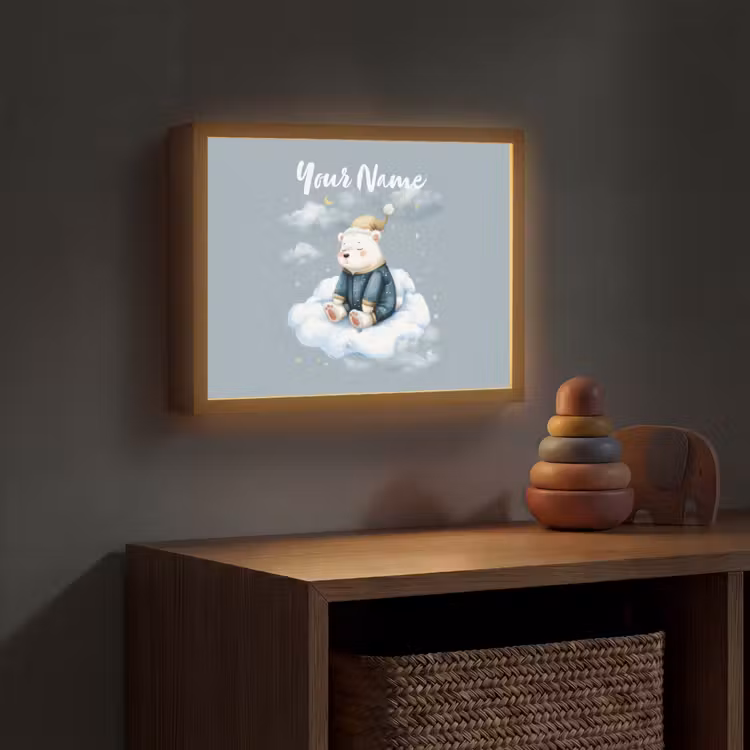 Ijsbeer - Pyjama - Wolken - Sterrenhemel Light Box met batterij (Wandlamp kind) middel -sfeer5_kind