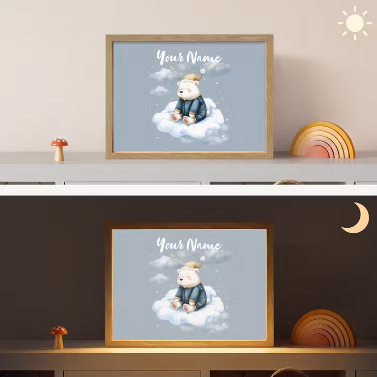 Ijsbeer - Pyjama - Wolken - Sterrenhemel Light Box met batterij (Wandlamp kind) middel -sfeer3_kind