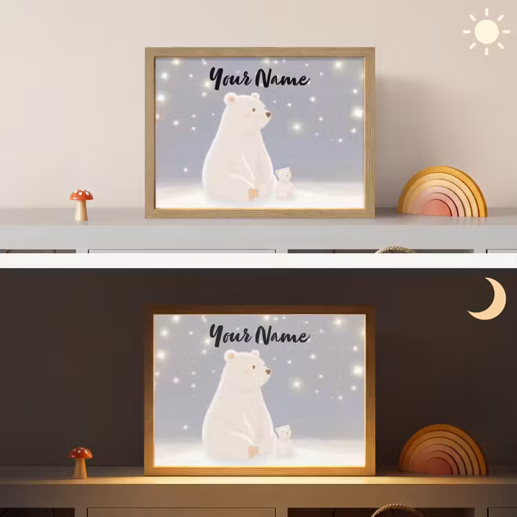 Ijsbeer - Sneeuw - Sterren - Blauw Light Box met batterij (Wandlamp kind) middel -sfeer3_kind