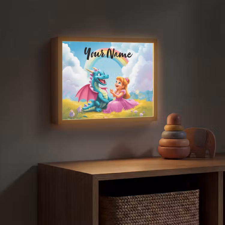Prinses - Draak - Regenboog Light Box met batterij (Wandlamp kind) middel -sfeer5_kind