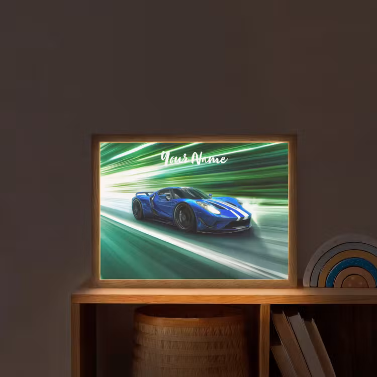 Race auto - Blauw - Groen Light Box met batterij (Wandlamp kind) middel -sfeer1_kind