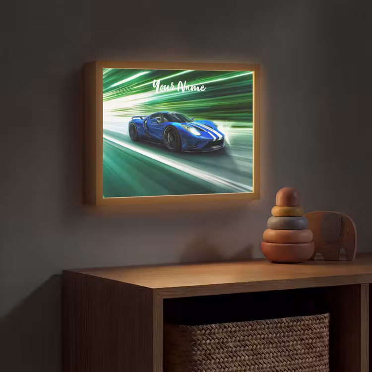 Race auto - Blauw - Groen Light Box met batterij (Wandlamp kind) middel -sfeer5_kind