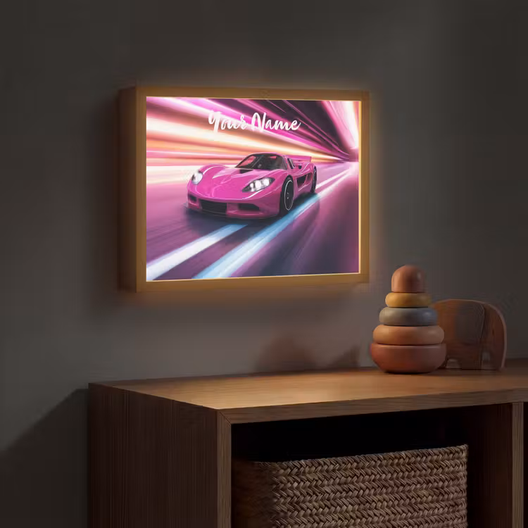 Raceauto - Roze - Neon Light Box met batterij (Wandlamp kind) middel -sfeer5_kind