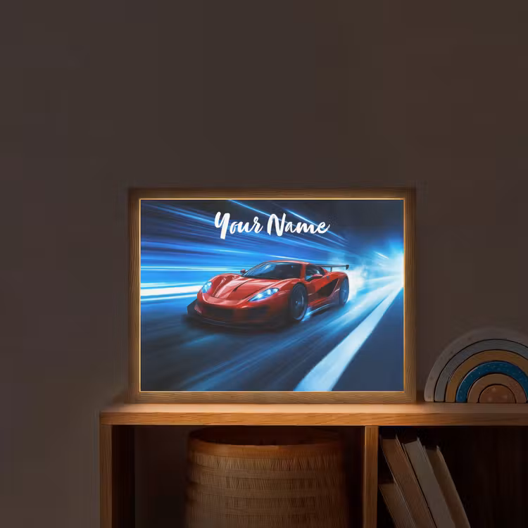 Rode raceauto - Blauw - Futuristisch Light Box met batterij (Wandlamp kind) middel -sfeer1_kind