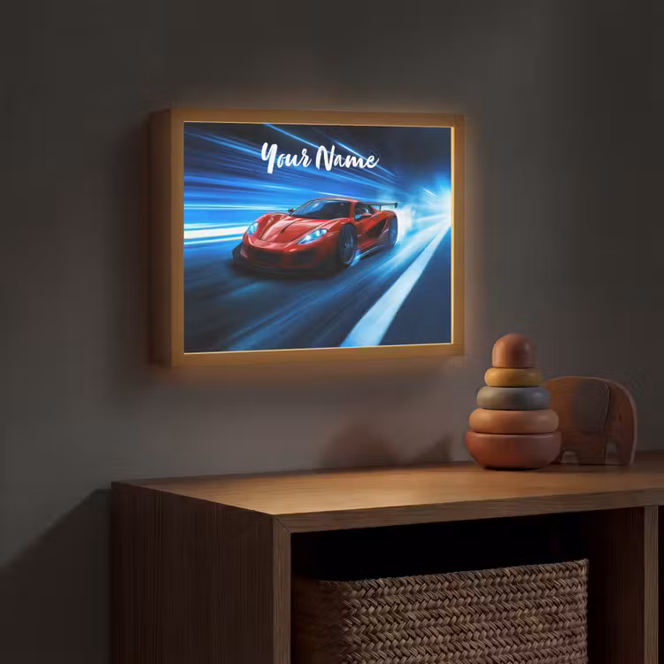 Rode raceauto - Blauw - Futuristisch Light Box met batterij (Wandlamp kind) middel -sfeer5_kind