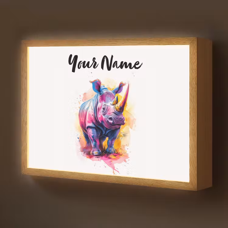 Neushoorn - Kleurrijk - Verf - Dieren Light Box met batterij (Wandlamp kind) middel -z3d_website