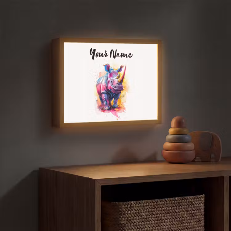 Neushoorn - Kleurrijk - Verf - Dieren Light Box met batterij (Wandlamp kind) middel -sfeer5_kind