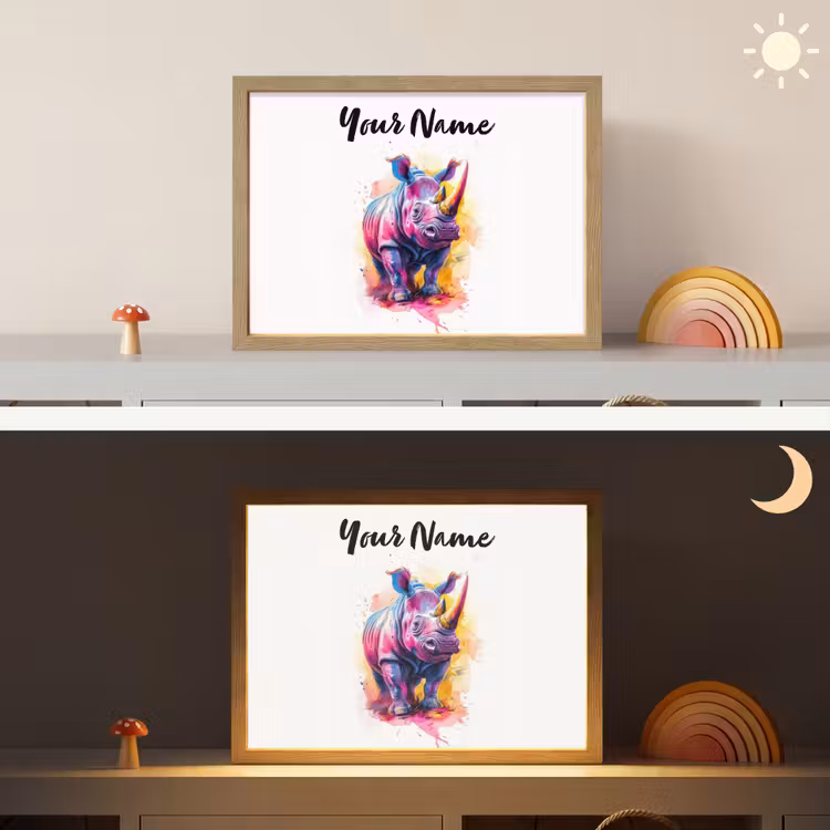 Neushoorn - Kleurrijk - Verf - Dieren Light Box met batterij (Wandlamp kind) middel -sfeer3_kind