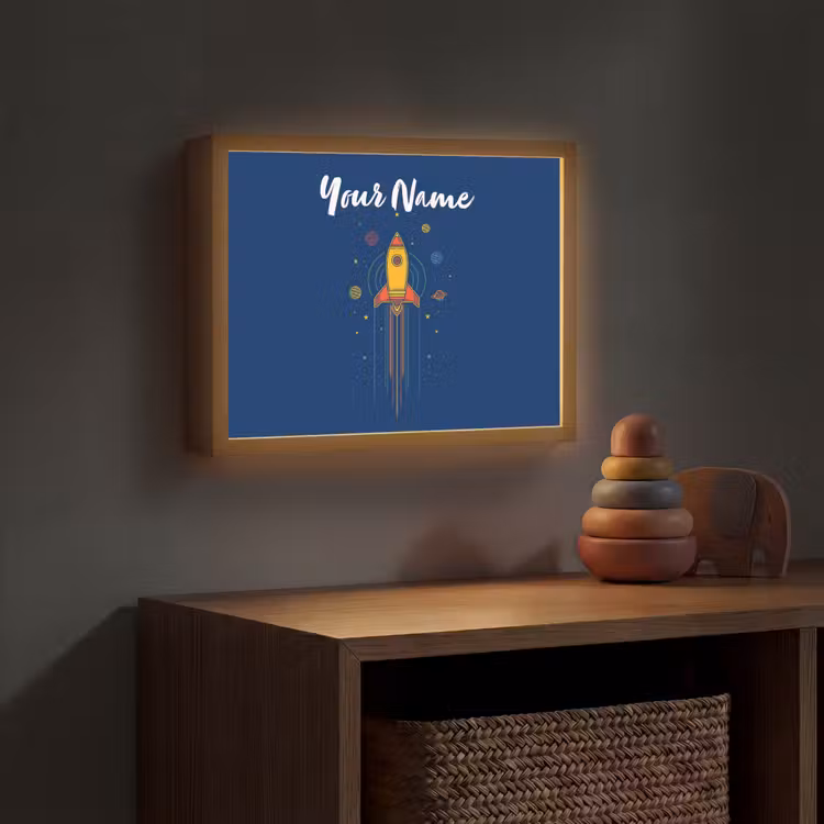 Raket - Blauw - Sterren Light Box met batterij (Wandlamp kind) middel -sfeer5_kind