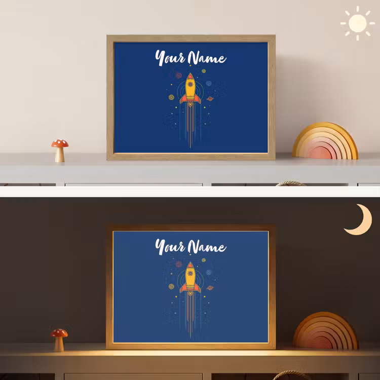 Raket - Blauw - Sterren Light Box met batterij (Wandlamp kind) middel -sfeer3_kind