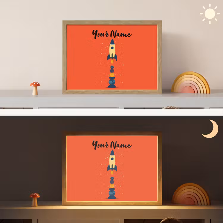 Raket - Planeten - Rood Light Box met batterij (Wandlamp kind) middel -sfeer3_kind
