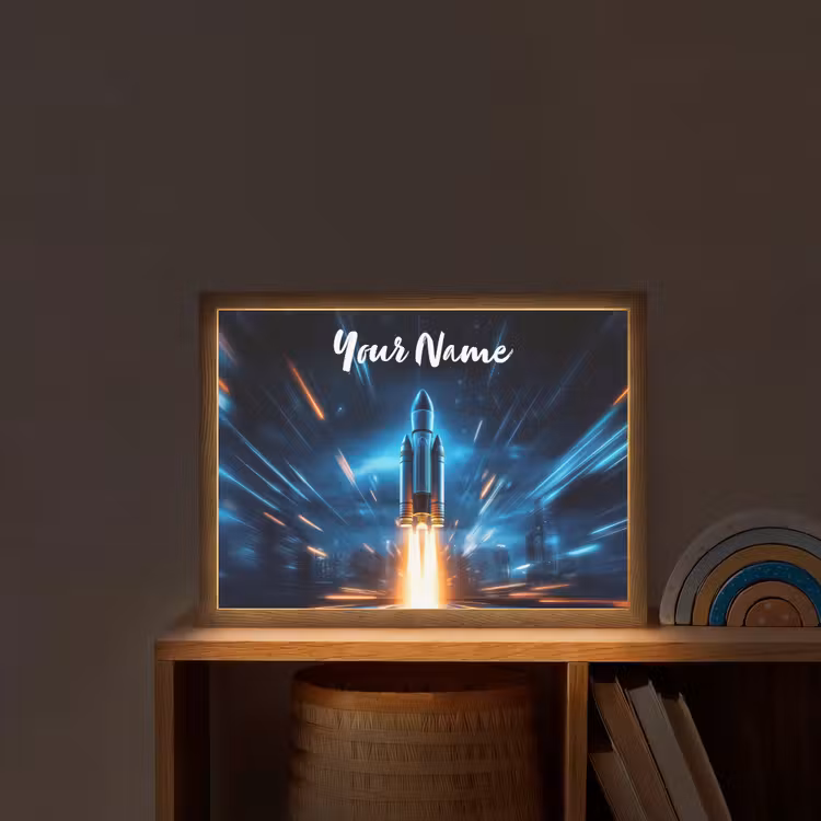 Raket - Ruimte - Blauw - Licht Light Box met batterij (Wandlamp kind) middel -sfeer1_kind