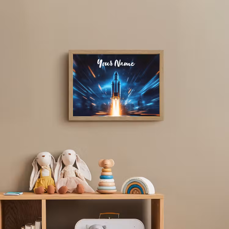 Raket - Ruimte - Blauw - Licht Light Box met batterij (Wandlamp kind) middel -sfeer2_kind