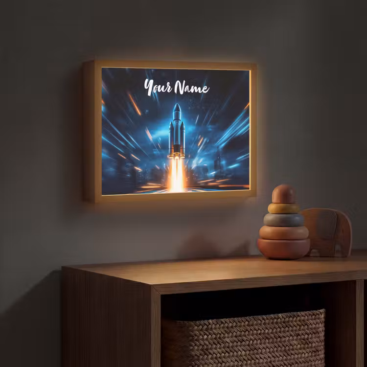Raket - Ruimte - Blauw - Licht Light Box met batterij (Wandlamp kind) middel -sfeer5_kind