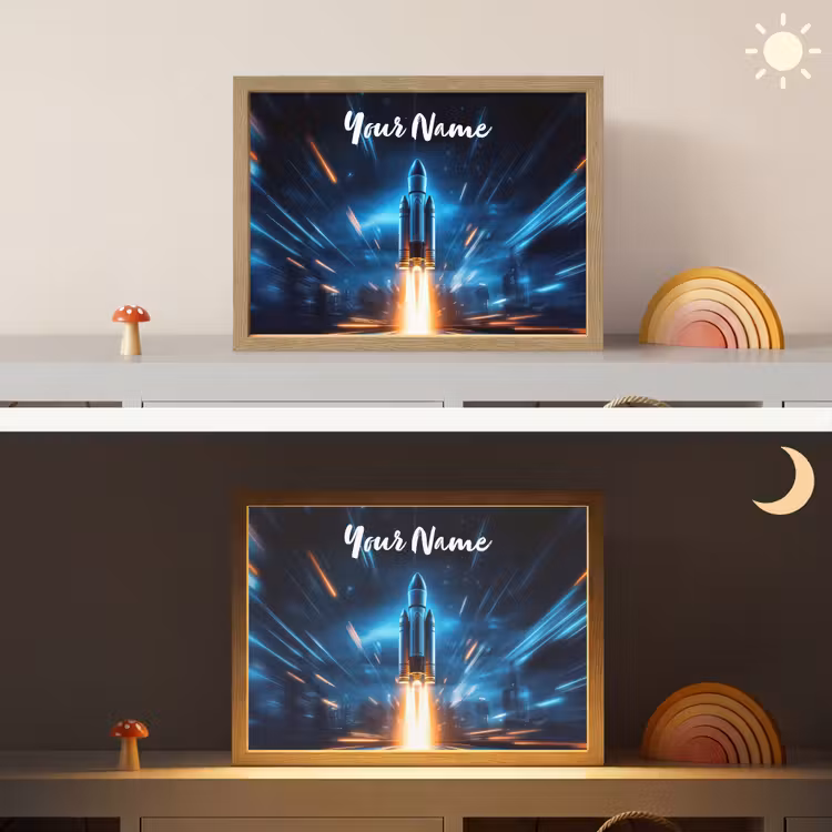Raket - Ruimte - Blauw - Licht Light Box met batterij (Wandlamp kind) middel -sfeer3_kind