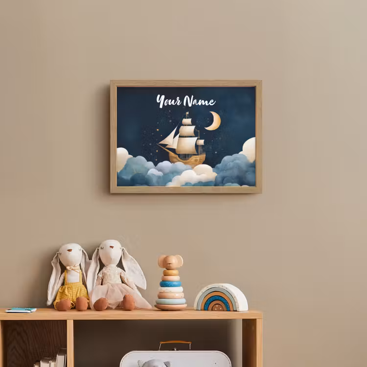 Zeilschip - Sterrenhemel - Wolken - Blauw Light Box met batterij (Wandlamp kind) middel -sfeer2_kind
