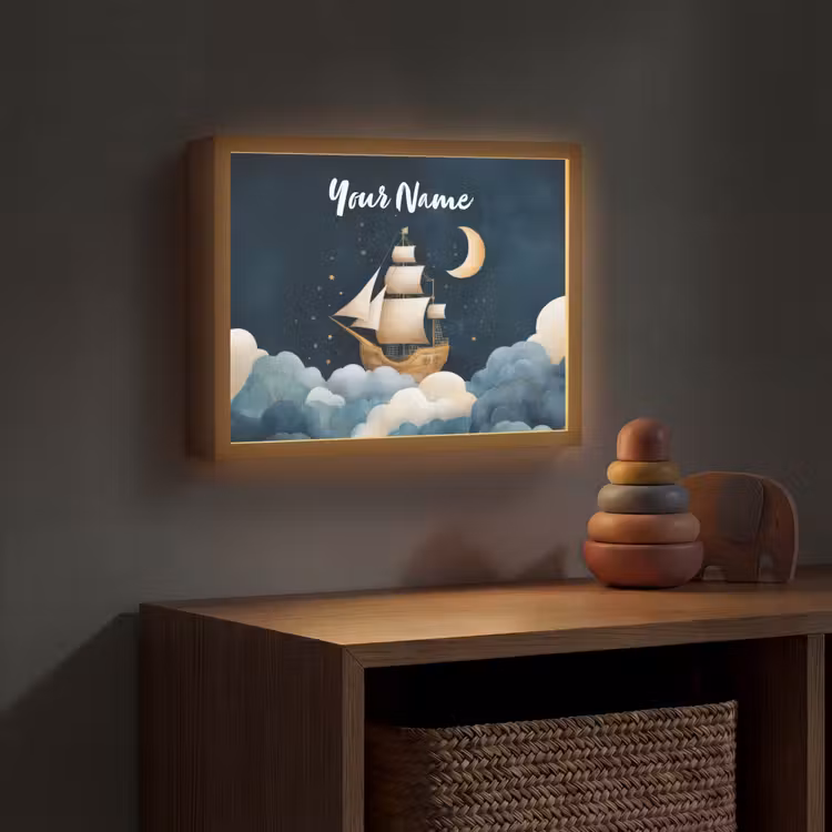 Zeilschip - Sterrenhemel - Wolken - Blauw Light Box met batterij (Wandlamp kind) middel -sfeer5_kind