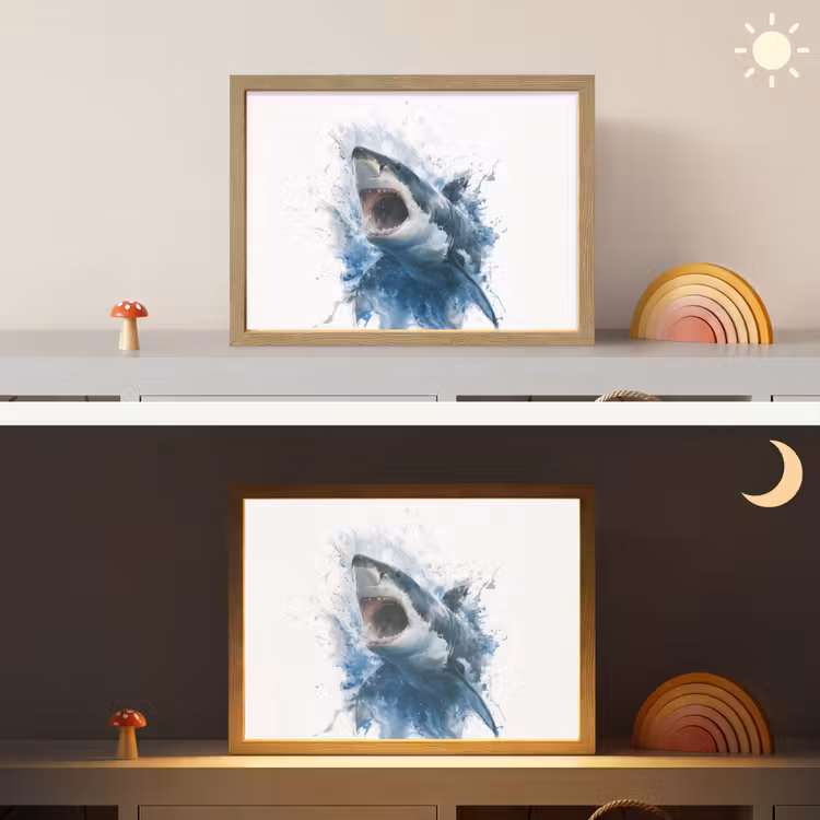 Haai - Blauw - Water Light Box met batterij (Wandlamp kind) middel -sfeer3_kind