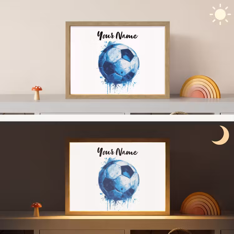 Voetbal - Blauw - Inkt - Spatten Light Box met batterij (Wandlamp kind) middel -sfeer3_kind