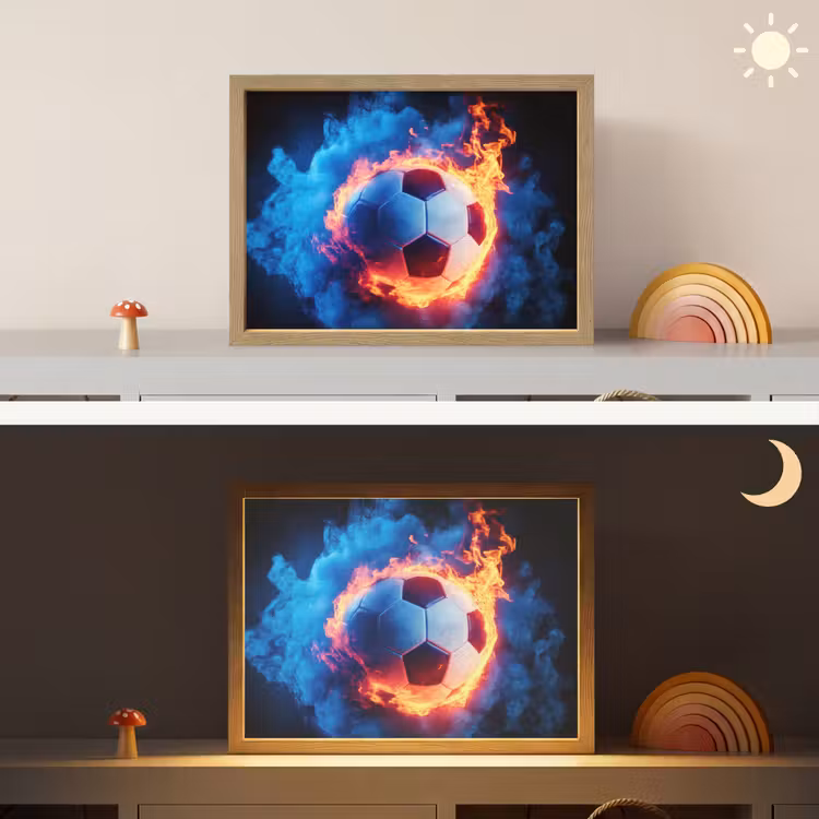Voetbal - Vuur - IJs - Blauw Light Box met batterij (Wandlamp kind) middel -sfeer3_kind