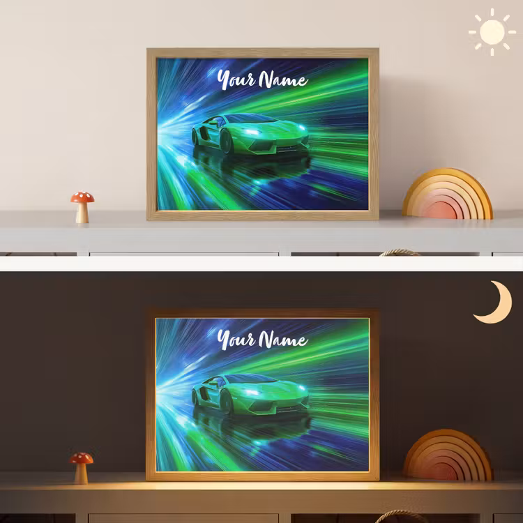 Sportauto - Groen - Snelheidslijnen - Neon Light Box met batterij (Wandlamp kind) middel -sfeer3_kind
