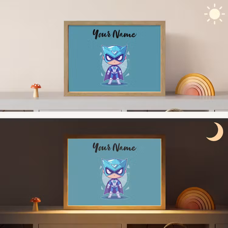 Superheld - Blauw - Jongens Light Box met batterij (Wandlamp kind) middel -sfeer3_kind