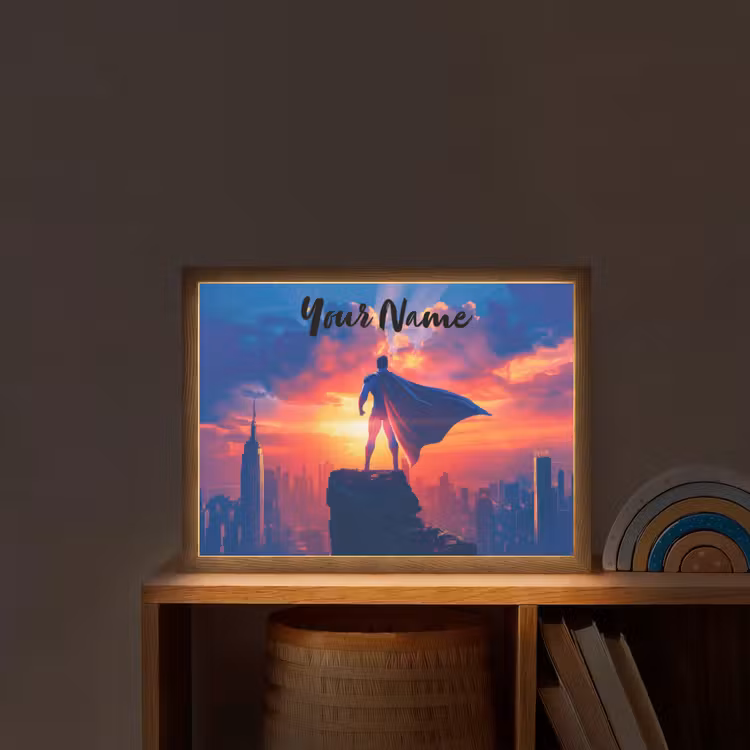 Superheld - Stad - Jongens - Kleurrijk - Zon Light Box met batterij (Wandlamp kind) middel -sfeer1_kind