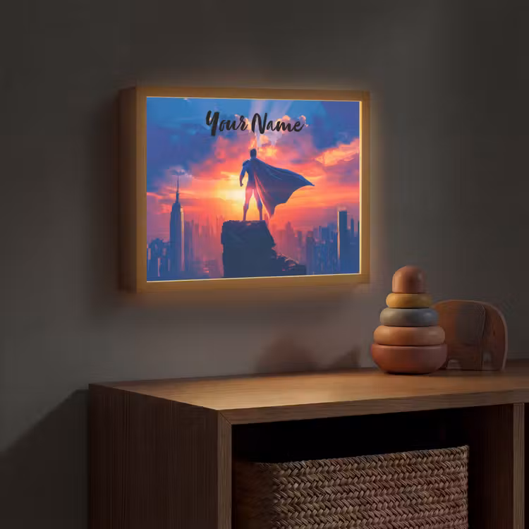 Superheld - Stad - Jongens - Kleurrijk - Zon Light Box met batterij (Wandlamp kind) middel -sfeer5_kind