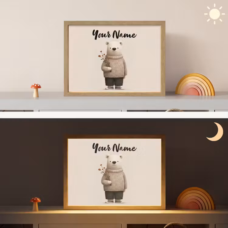 Knuffelbeer - Oranje bloemen - Vriendelijk Light Box met batterij (Wandlamp kind) middel -sfeer3_kind