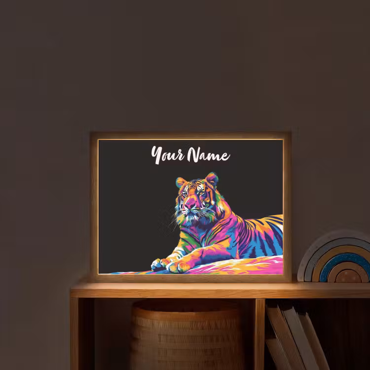 Tijger - Kleurrijk - Dieren - Zwart - Neon Light Box met batterij (Wandlamp kind) middel -sfeer1_kind