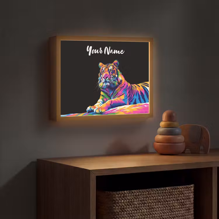 Tijger - Kleurrijk - Dieren - Zwart - Neon Light Box met batterij (Wandlamp kind) middel -sfeer5_kind