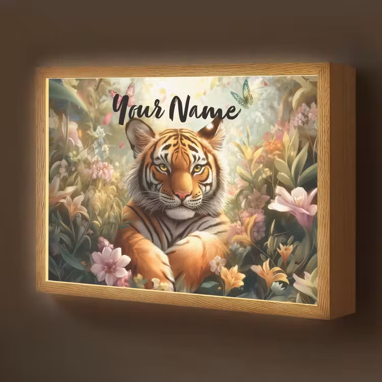 Tijger - Bloemen - Jungle - Dieren Light Box met batterij (Wandlamp kind) middel -z3d_website