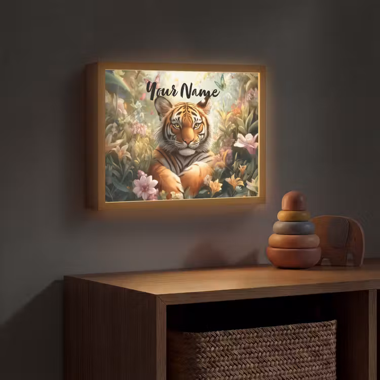 Tijger - Bloemen - Jungle - Dieren Light Box met batterij (Wandlamp kind) middel -sfeer5_kind